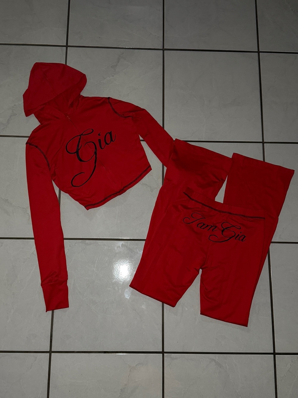 Red Two-Piece Hoodie & Leggings Set with 'Gia' Script